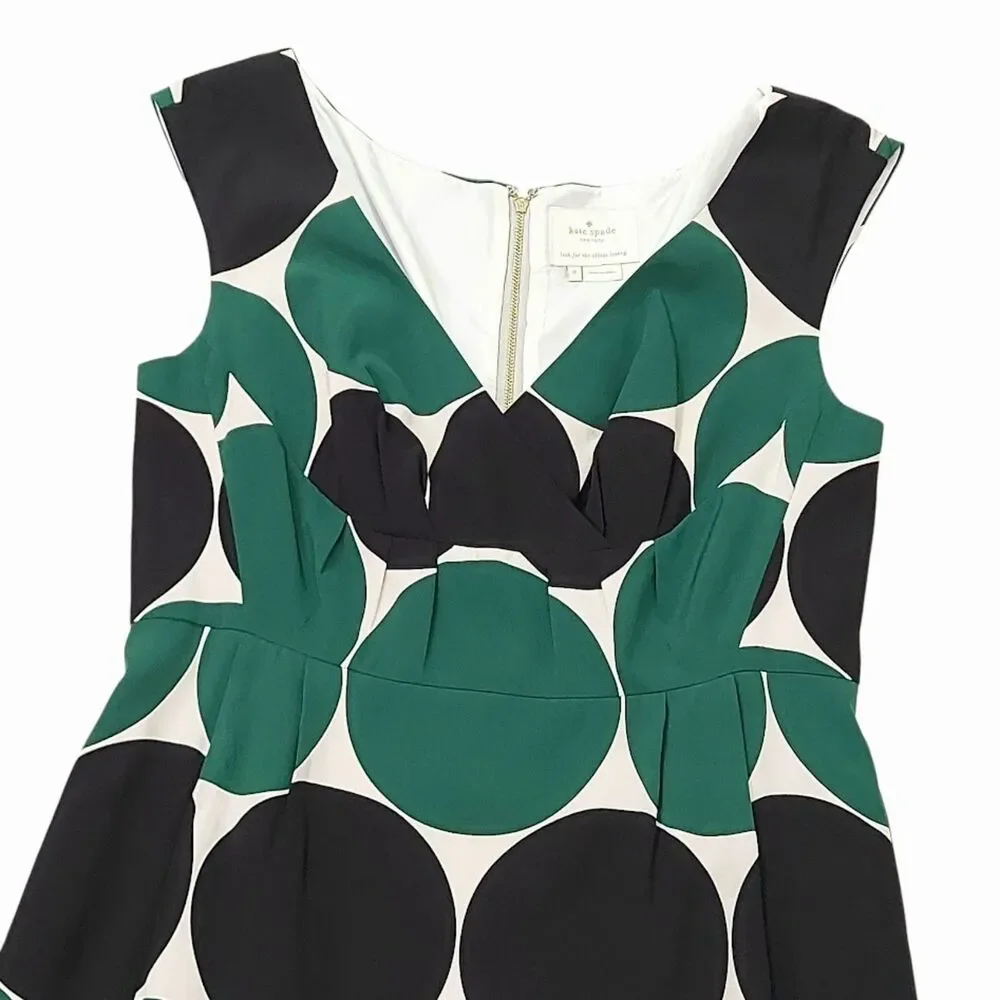 Kate Spade New York Womens 8 Green Black Polka Dot Silk Lined Midi Dress Luxury